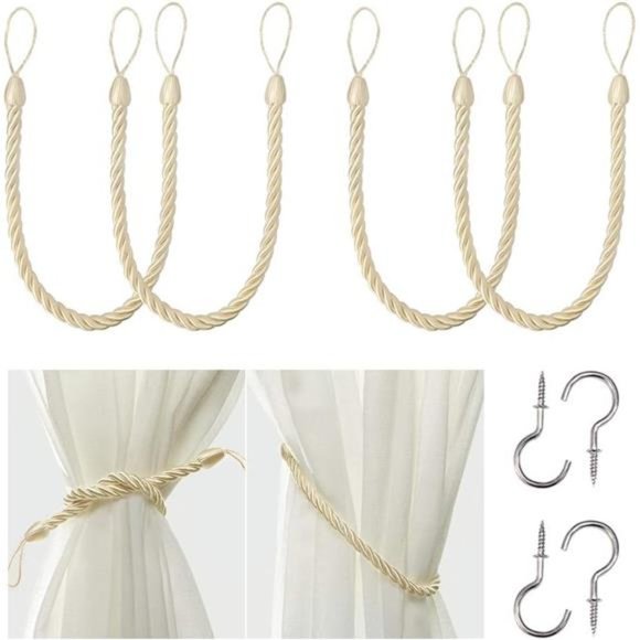 Curtain Rope Tiebacks, Drapery Rope Holdbacks with 4 Metal Screw Hooks (Beige) - Picture 1 of 7